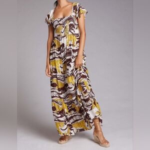 Anthropologie Panther Tiger Printed Ruffled Smocked Maxi Dress Size M Boho 70s